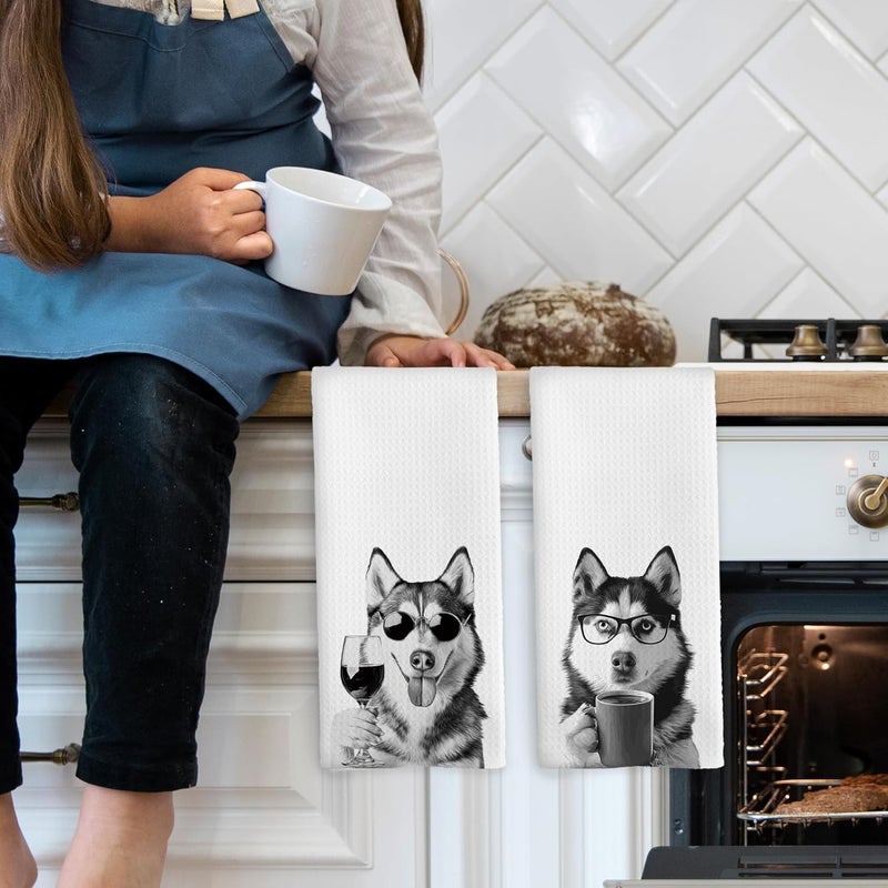 Mcehtle Funny Siberian Husky Kitchen Towels Set of 2, Funny Dog Kitchen Accessories, Coffee Station Wine Bar Decor, Dog Chef Gift Hand Towel, Dining Room Decorative Tea Towel Dish Towels 16x24 Inch - Image 3